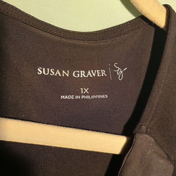 Susan Graver Black Long Sleeve Ruffle Front Blouse – Elegant Stretch Knit Top - Picture 3 of 4